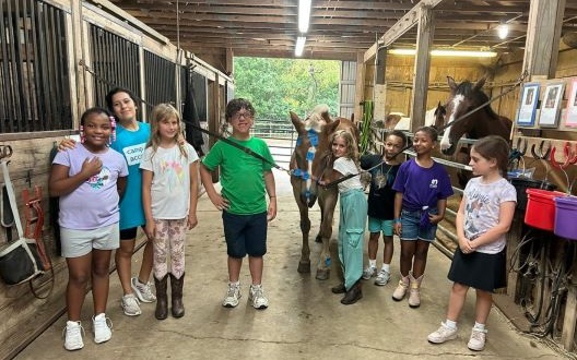 Kids stand with horses in a stable during a week at Camp New Friends.
