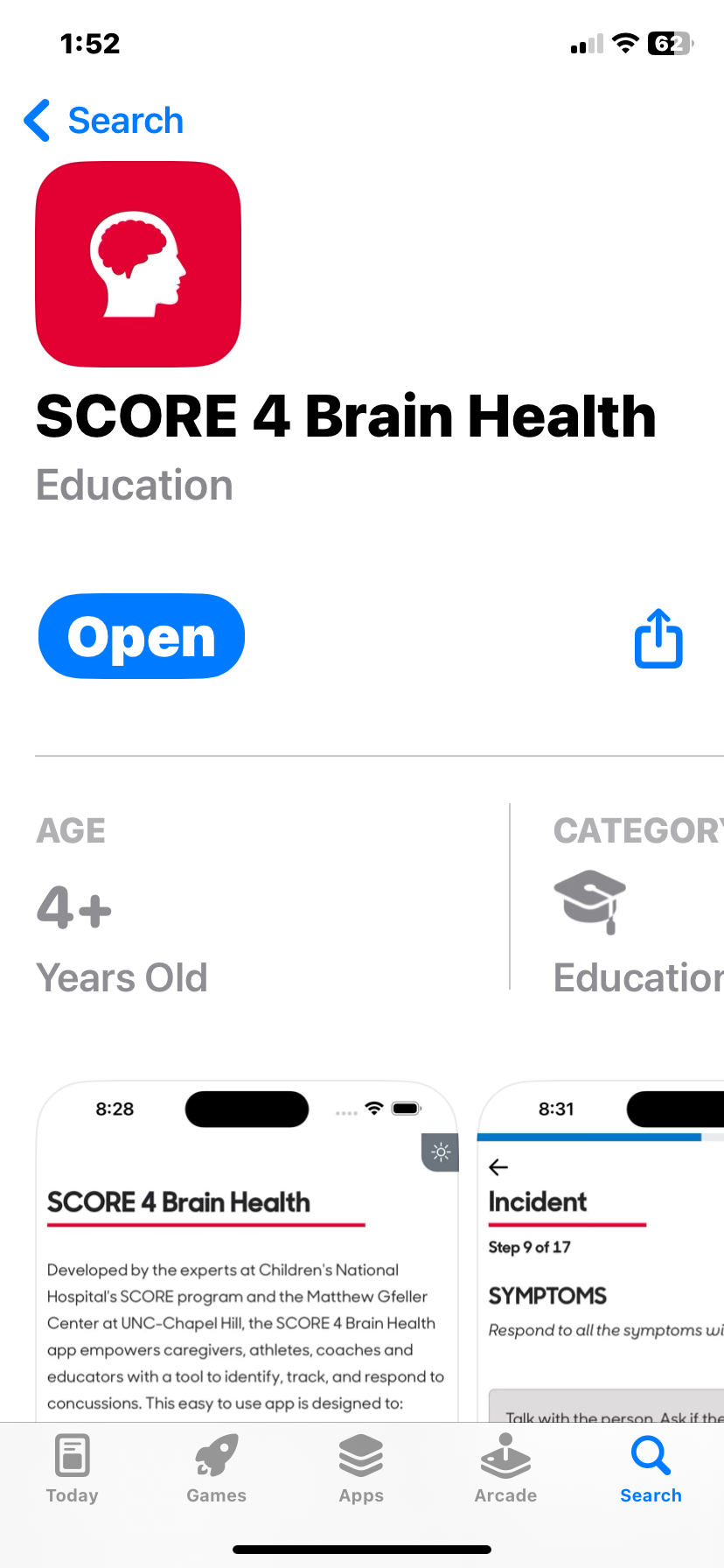 SCORE 4 Brain Health app download view in the App Store